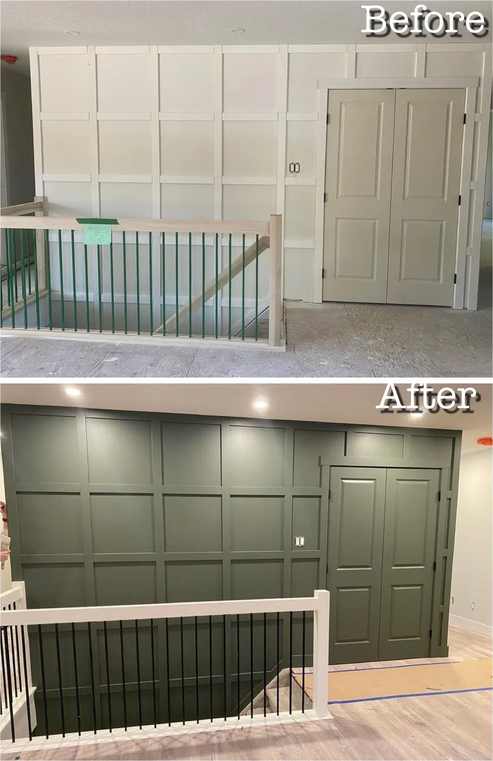 Board-and-batten accent wall in deep green, before and after