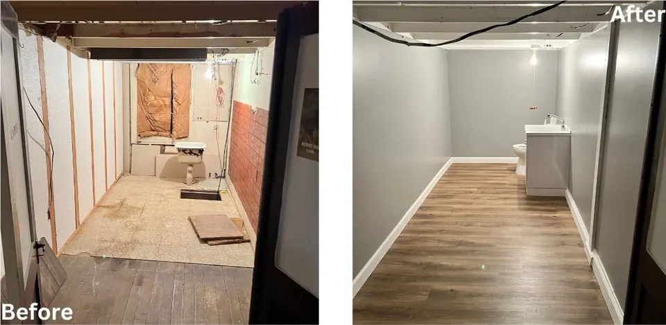 Basement bathroom renovated, before and after
