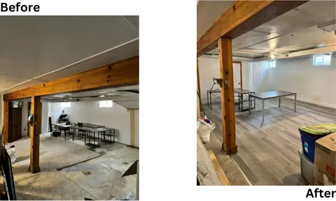 Unfinished basement turned into a finished room, before and after