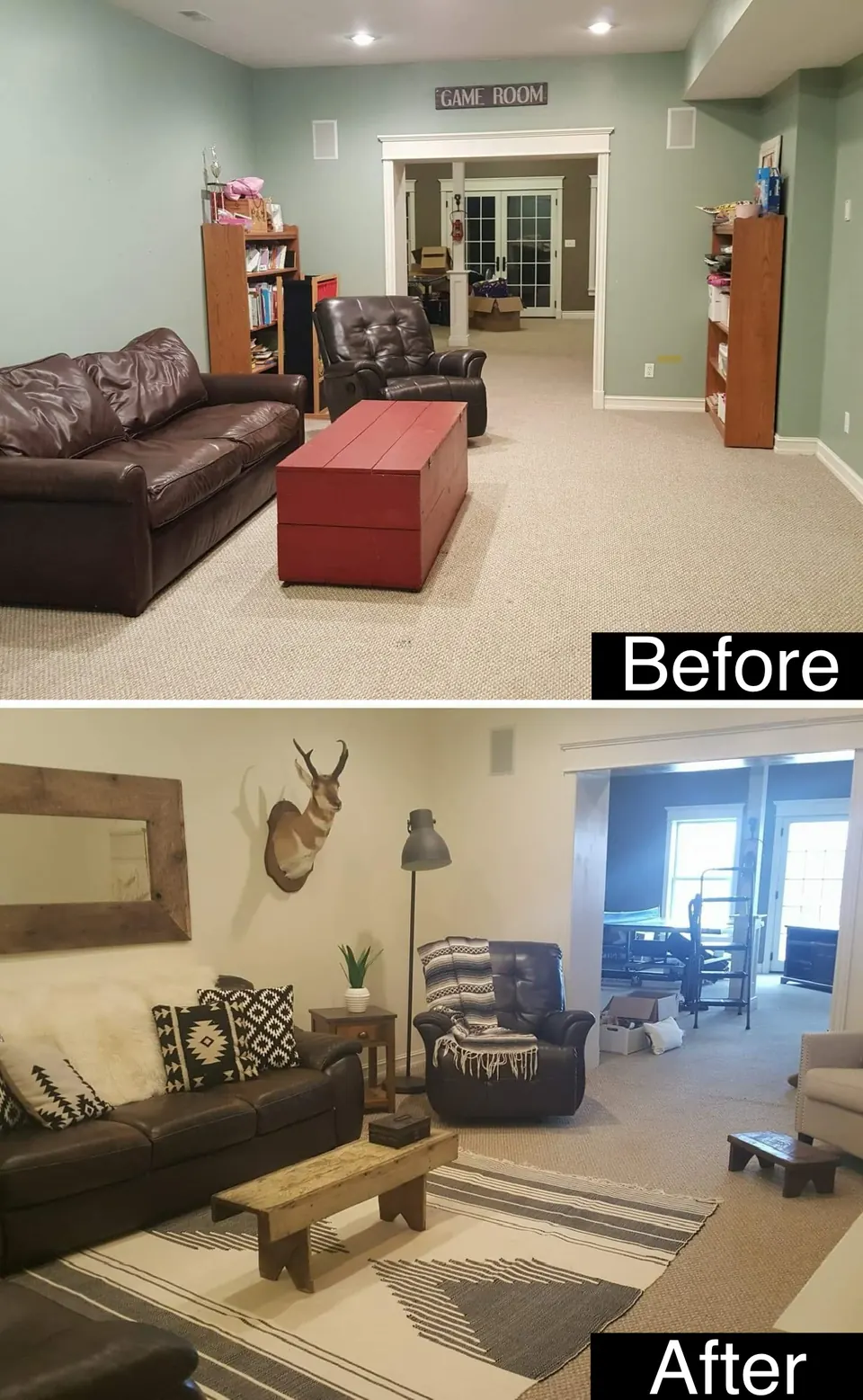 Basement family room repainted from green to warm neutral, before and after