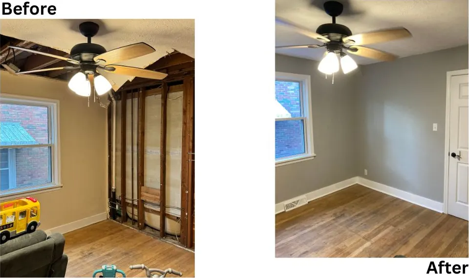 Wall rebuilt with new drywall and painted, before and after