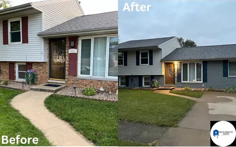 Split-level home with brick stained to coordinate with new blue siding, before and after