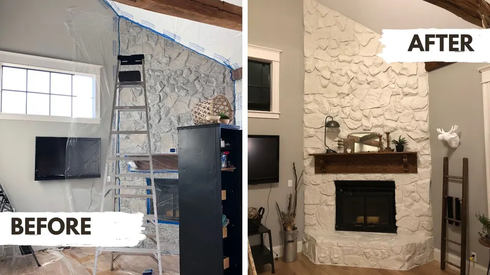 Dated stone fireplace painted a clean white, before and after