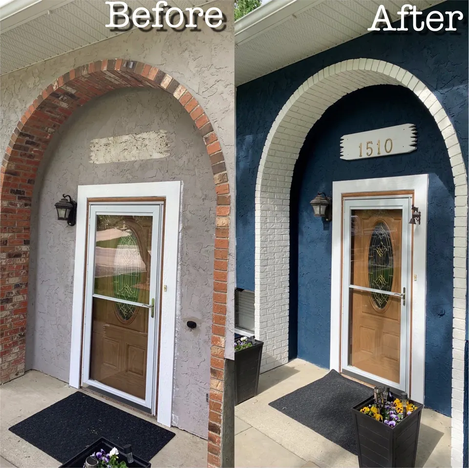 Stucco entry painted navy with refreshed door surround, before and after