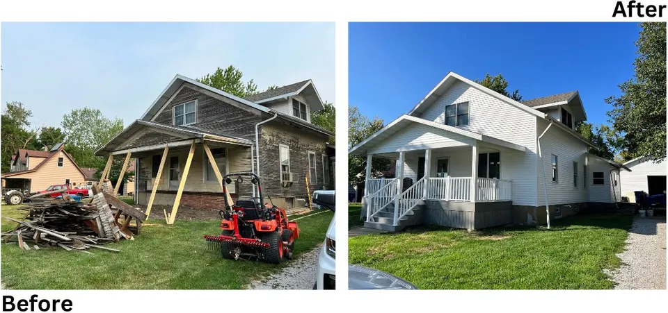 Run-down house transformed with new siding, porch, and paint, before and after