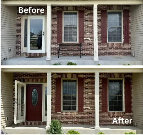 Front porch with new red door and painted trim, before and after