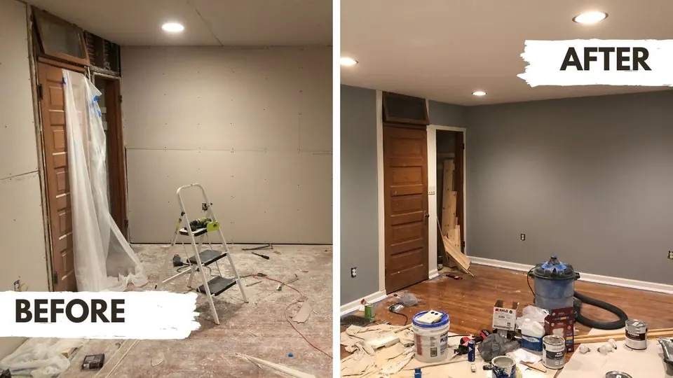 Room renovated with new drywall, flooring, and paint, before and after